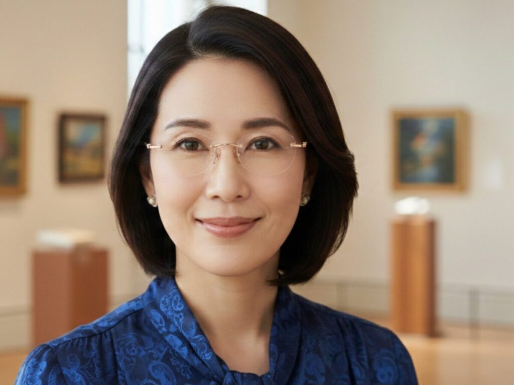 金無垢メガネをかけた女性