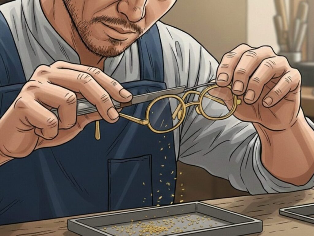 金無垢メガネを加工している職人