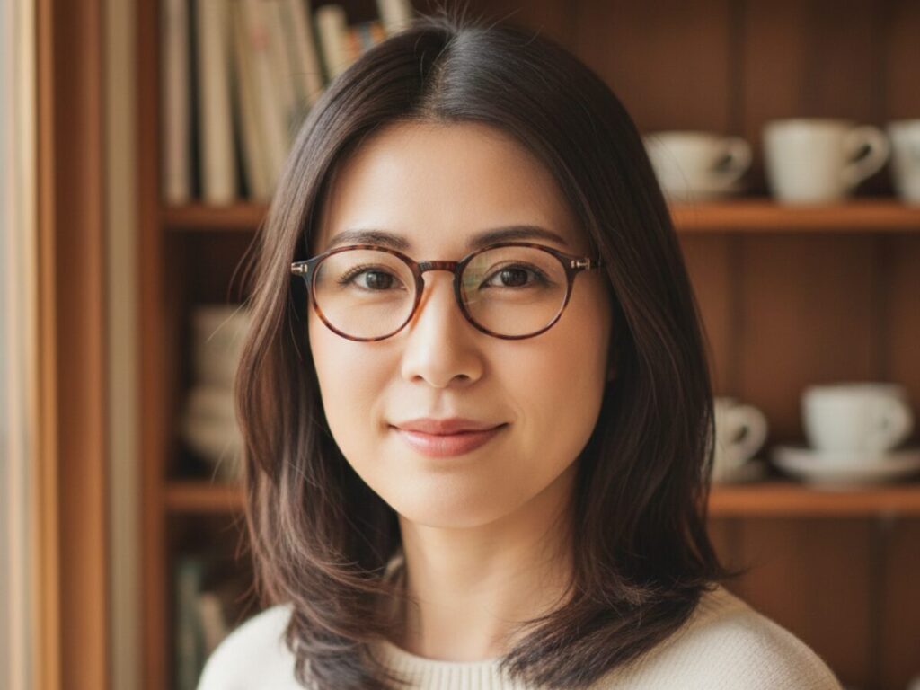 べっ甲のメガネをかけた女性