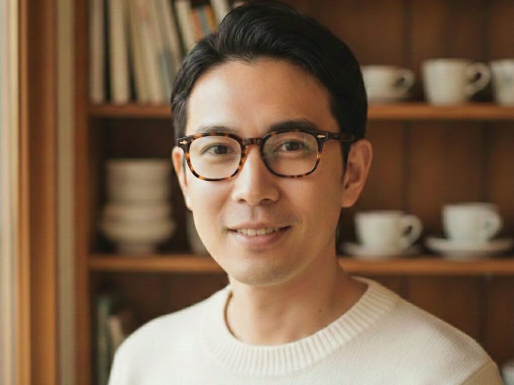 べっ甲のメガネをかけた男性