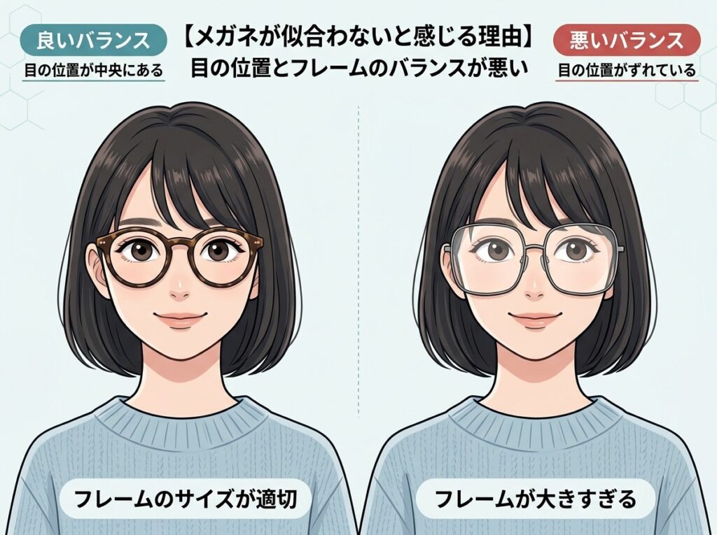 目の位置とフレームのバランスが悪い