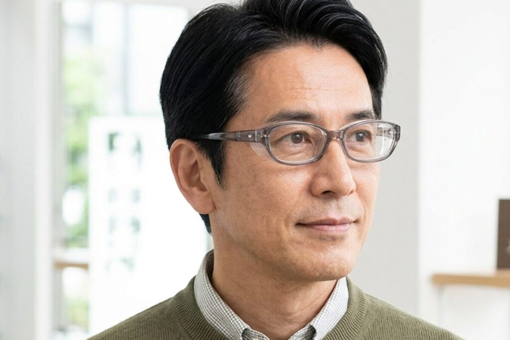 花粉防止メガネをかけた男性