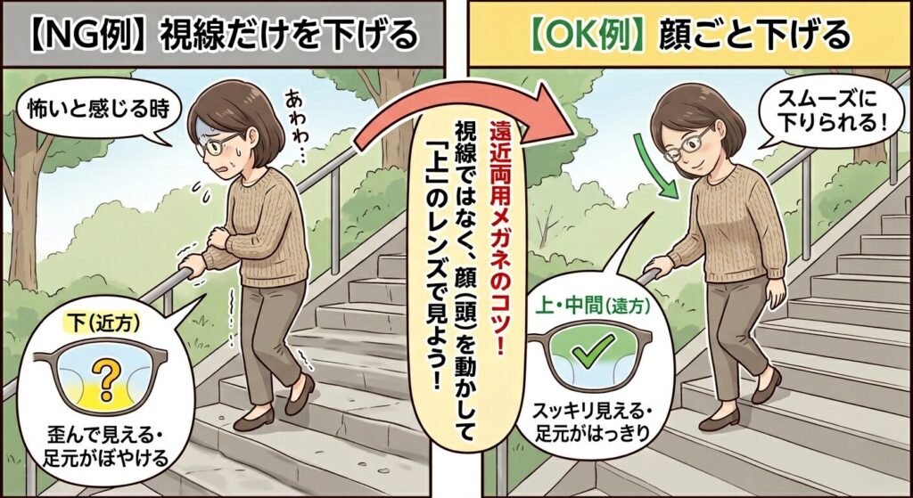 遠近両用レンズの階段が怖いときは頭ごとさげる