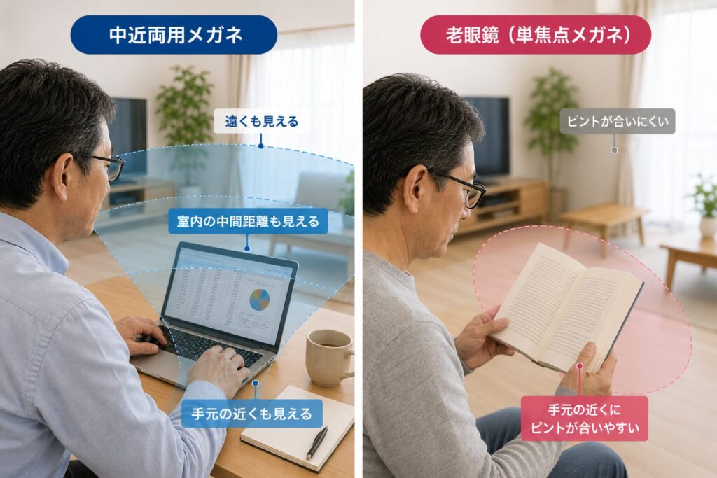 中近両用メガネと老眼鏡（シニアグラス）の違い