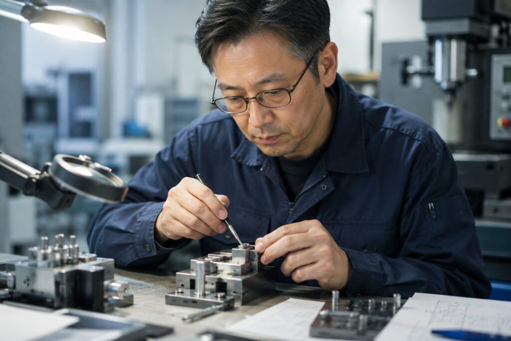 中近両用メガネをかけた精密加工者