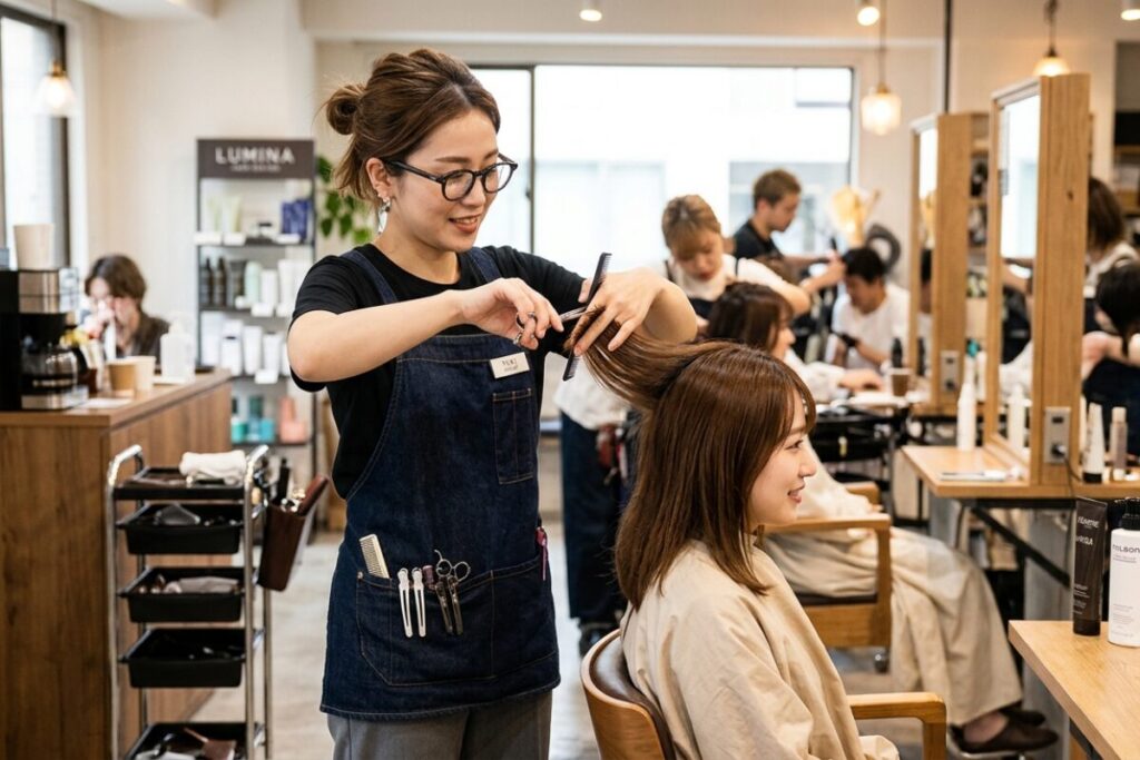 中近両用メガネをかけた美容師
