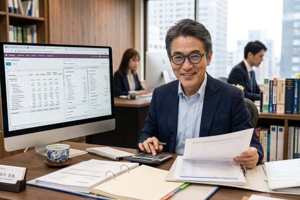 中近両用メガネをかけた会計士