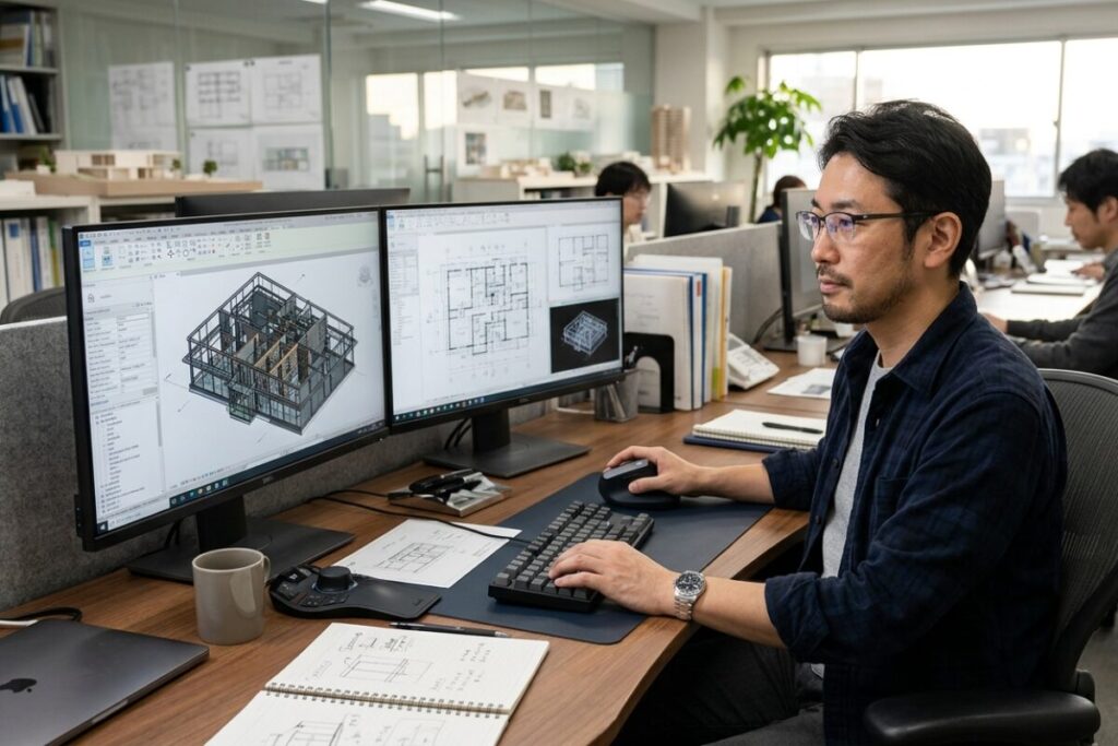 中近両用メガネをかけたCAD設計士