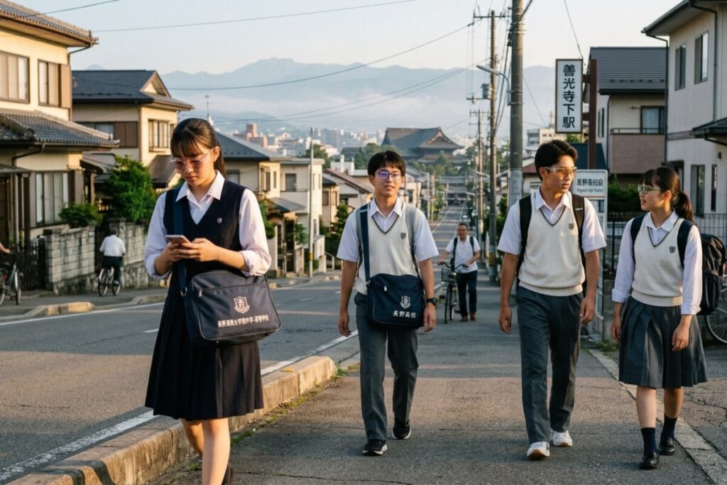 中高生が通学で薄い色のサングラスをしている