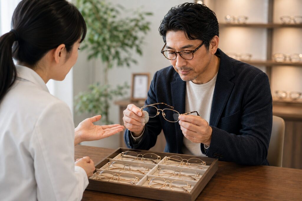 金無垢（K18）のメガネを選ぶ男性