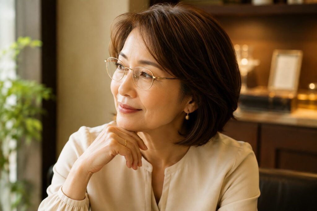 金無垢のメガネをかけた女性