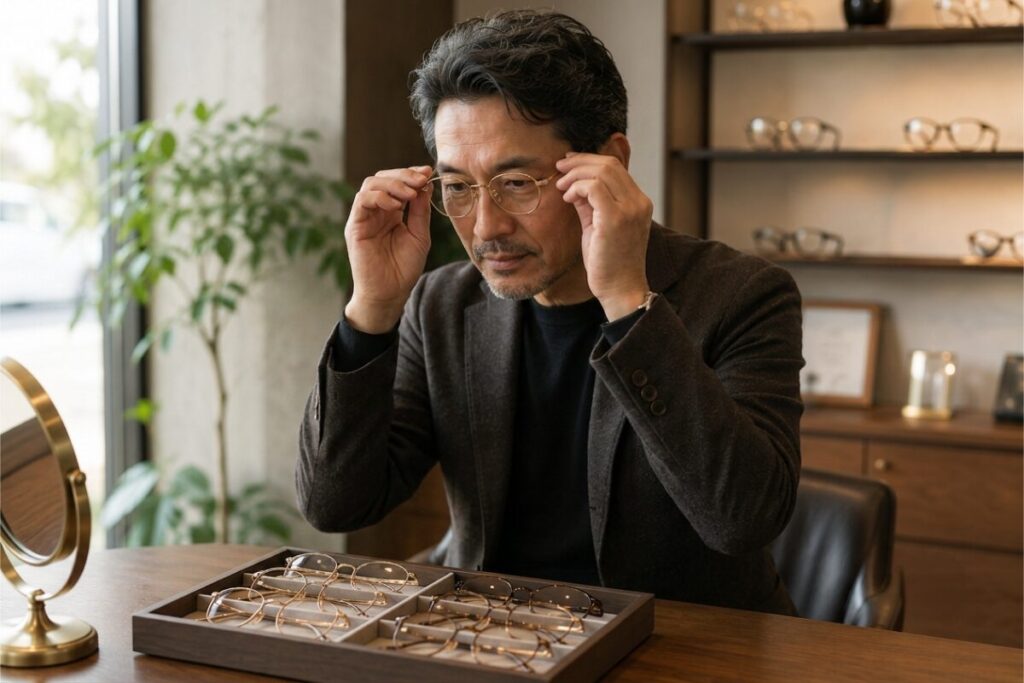 金無垢のメガネをかけた男性